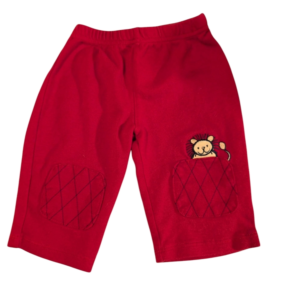 Y2K Vintage Infant Elastic Waist Red Bottoms with Embroidered Lion Patch 0/3
